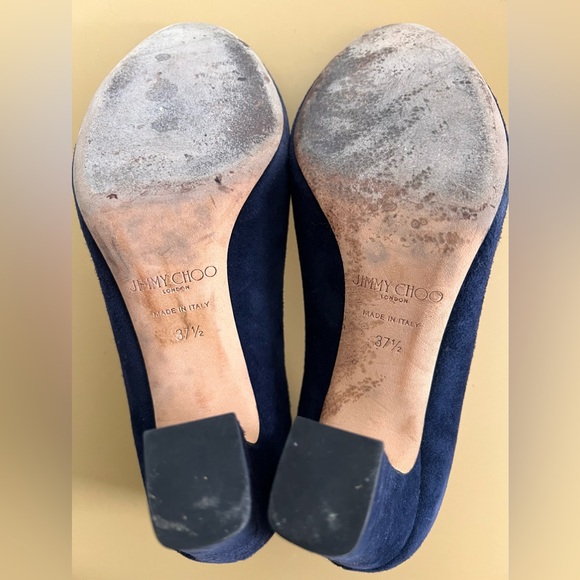 Jimmy Choo Georgia navy suede round toe pumps block heels sz 37.5 US 7.5 - Picture 4 of 4
